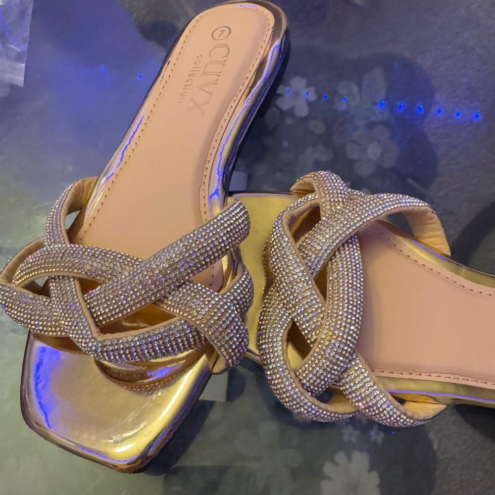 Calvin Klein Gold Braided Slide Sandals